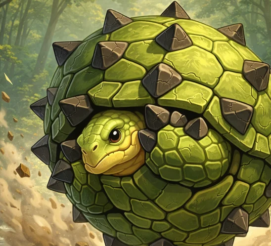 Cannonball Turtle, an Earth magic creature of the Mudmaw family in the Mythica bestiary