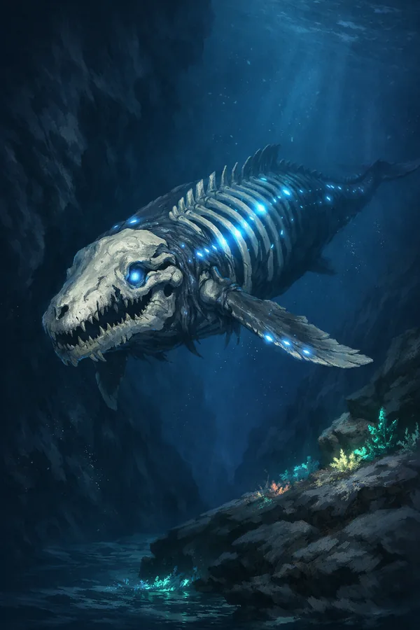 Bone Whale, a Shadow magic creature of the Deepfin family in the Mythica bestiary