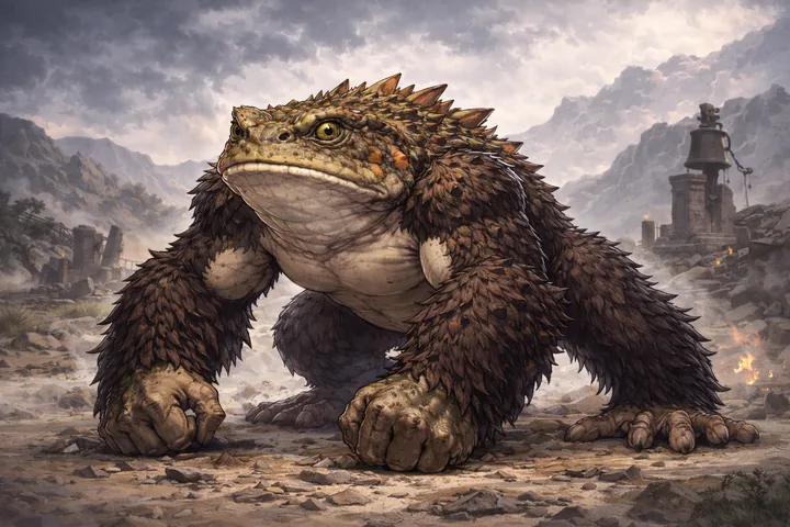 Brawler Frog, an Earth magic creature of the Slipskin family in the Mythica bestiary