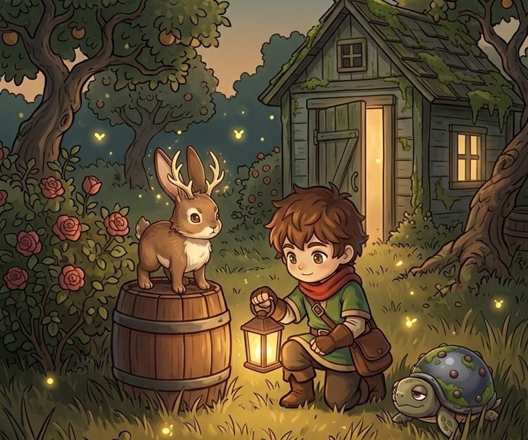 Rowan, Pip the jackalope and a Cannonball Turtle outside Grandma's shed at night