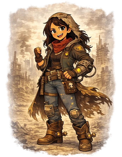 A scavenger in patched gear among ruined towers, the Dystopian era of Mythica