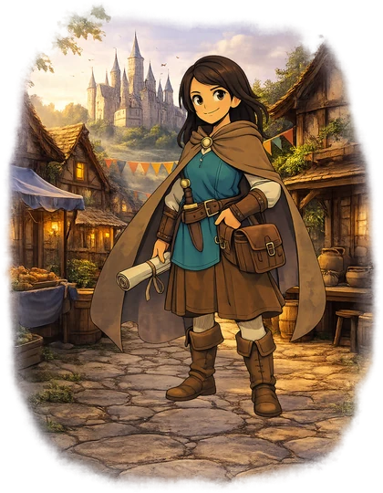 A cloaked traveler in a medieval village below a castle, the Medieval Age of Mythica