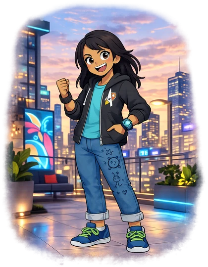 A girl in a hoodie on a city rooftop at sunset, the Modern era of Mythica