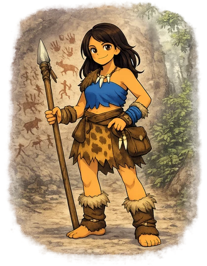 A girl with a spear in a cave-painted wilderness, the Primitive Age of Mythica