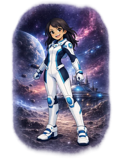 A girl in a white spacesuit on an alien world, the Space Age of Mythica