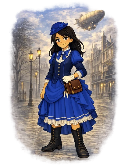A girl in a blue Victorian dress on a gaslit street with an airship, the Victorian Steam era of Mythica