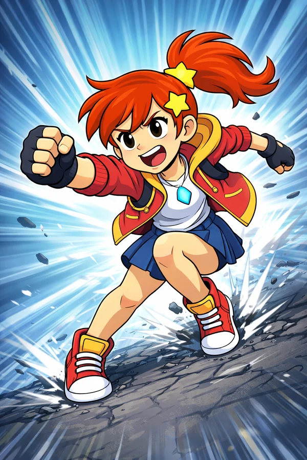A red-haired hero striking a fighting pose, from the world of Mythica