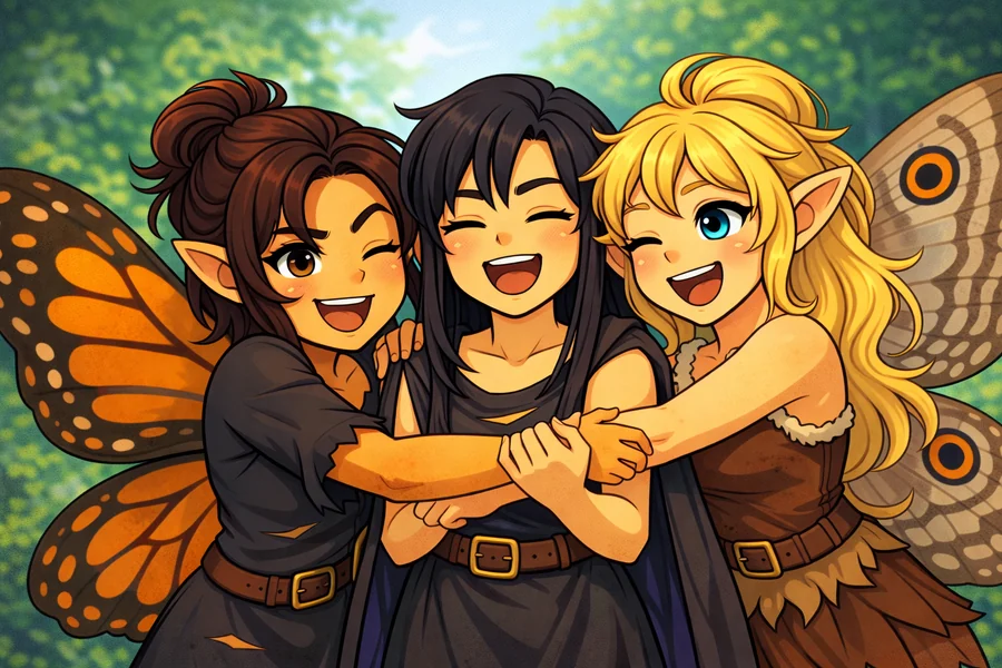 Three friends with butterfly wings sharing a big hug, from the world of Mythica