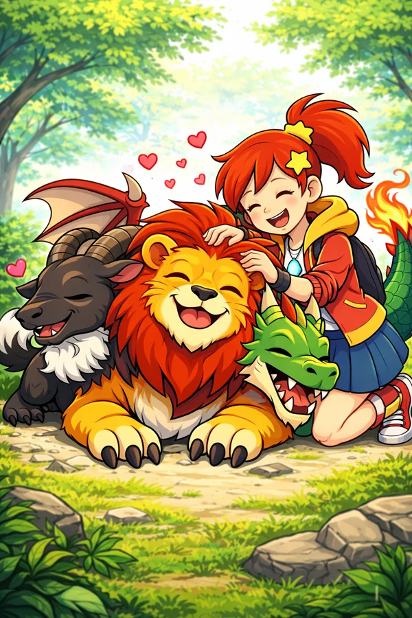 A girl cuddling a lion creature, a baby dragon and other bonded creatures, from the world of Mythica