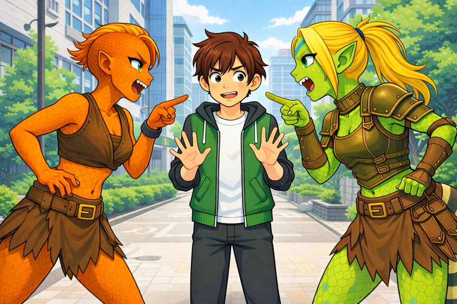 Two friends arguing while a boy tries to keep the peace, from the world of Mythica