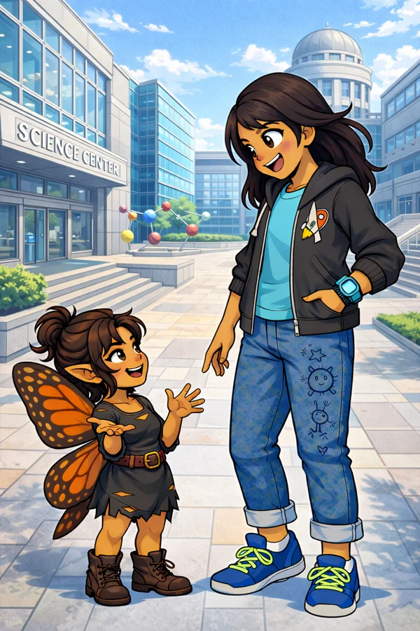 A Ventara child and a student outside a university, from the world of Mythica